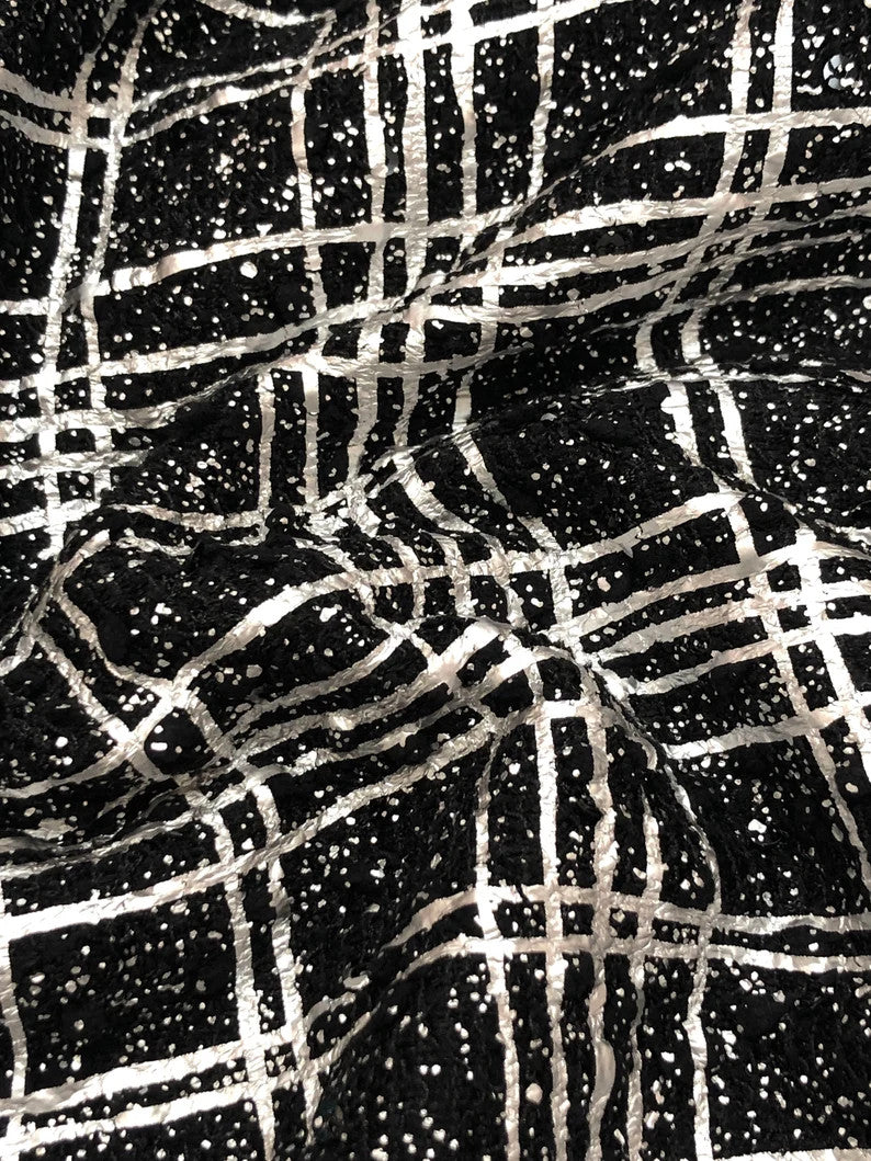 Polyester Spandex Fabric - Poodle Textured Dull Foil, 4Mm Sequins, Silver/Black, Gold/Black, 52/54" Width