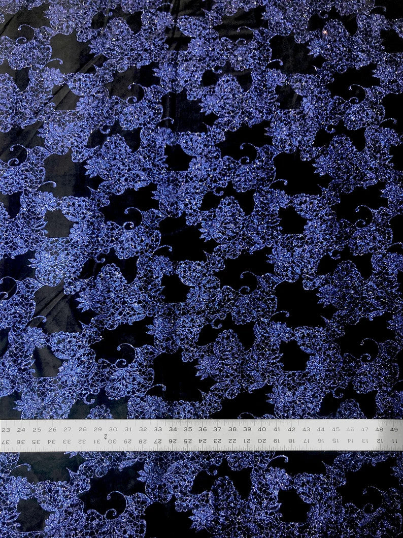 Polyester Velvet Spandex Fabric - Royal Glitters Geometric Design, Royal Blue, 58-60" Width