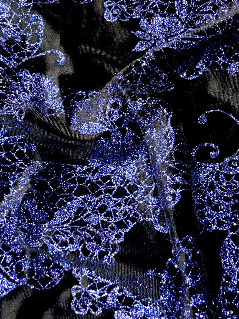 Polyester Velvet Spandex Fabric - Royal Glitters Geometric Design, Royal Blue, 58-60" Width