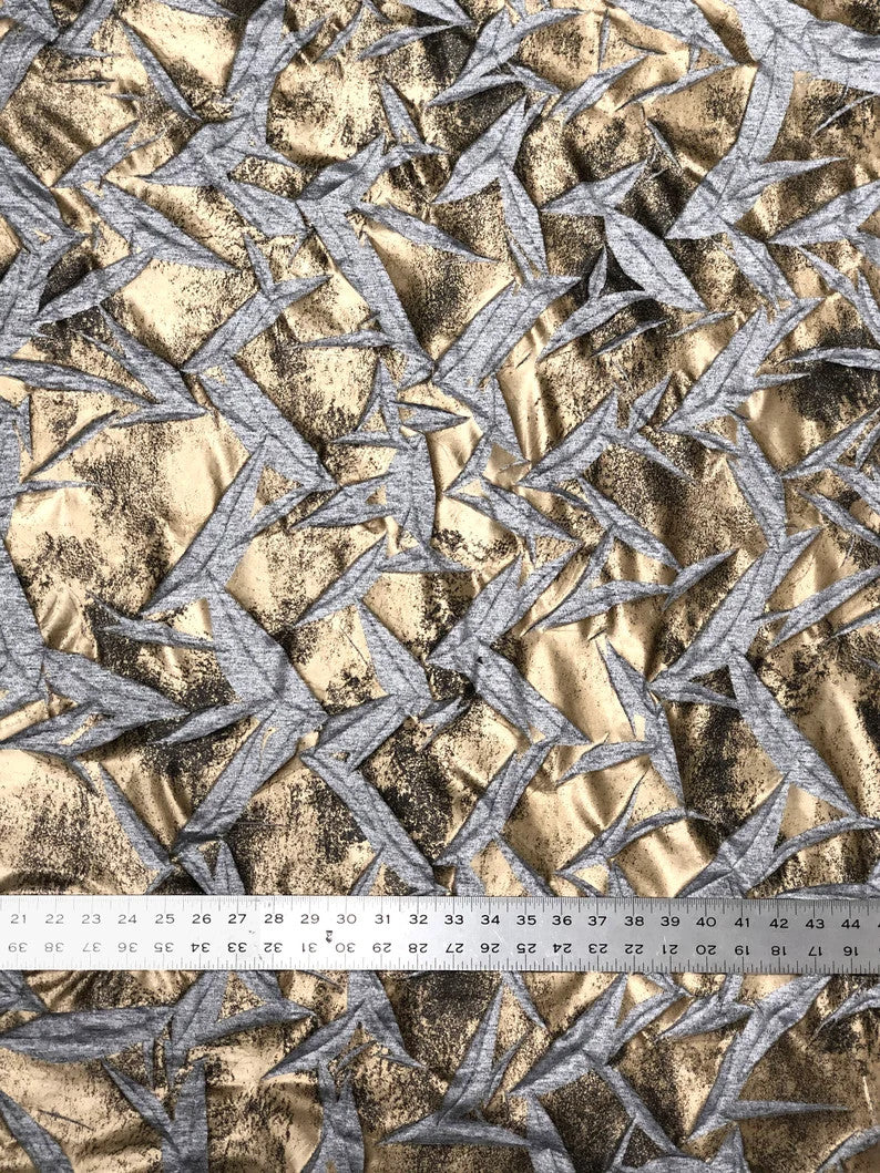 Polyester Spandex Fabric - Crinkle 2 Tone Matte Foil Kamang Design, Charcoal/Grey, Charcoal/Gold, 54/56" Width