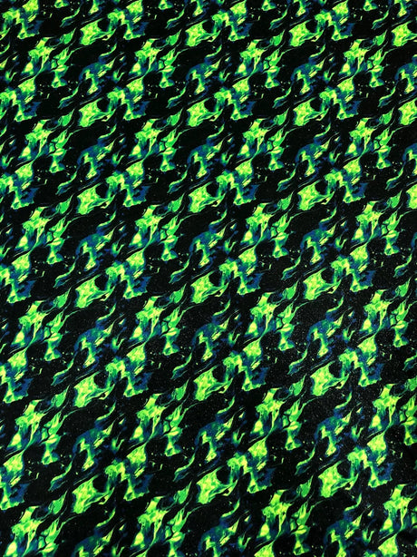 Nylon Spandex Fabric - Silver Glitters Fluorescent Flames Design, Green, Red, 58/60" Width