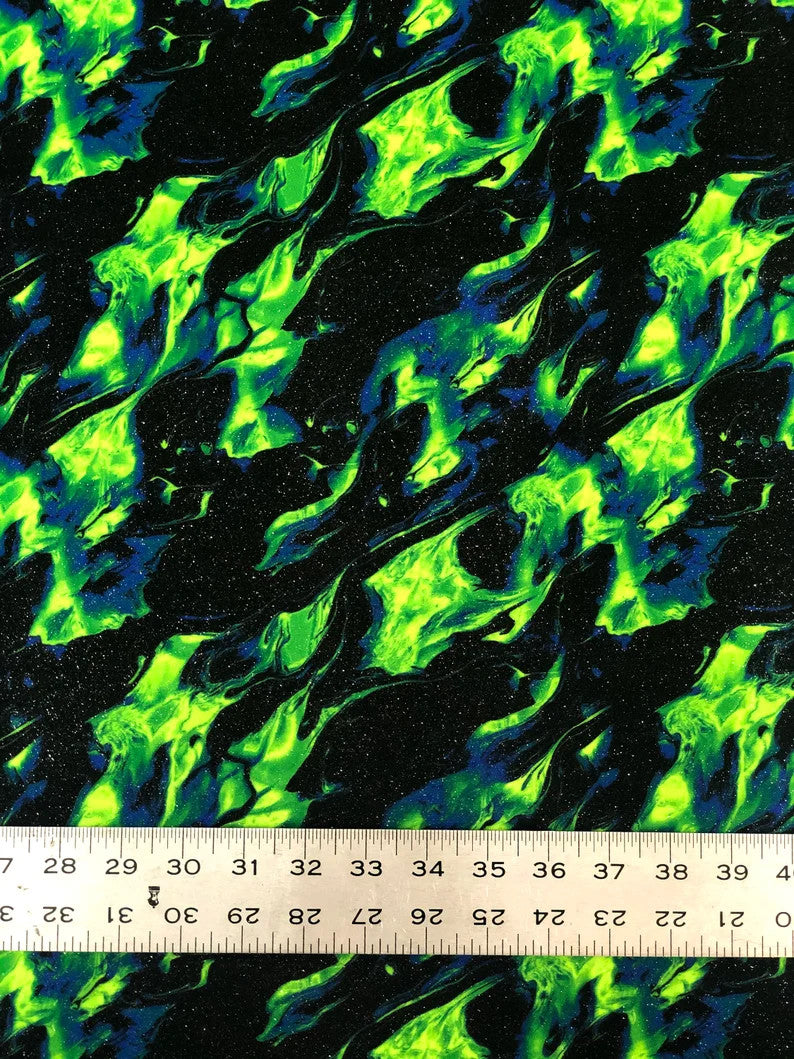 Nylon Spandex Fabric - Silver Glitters Fluorescent Flames Design, Green, Red, 58/60" Width