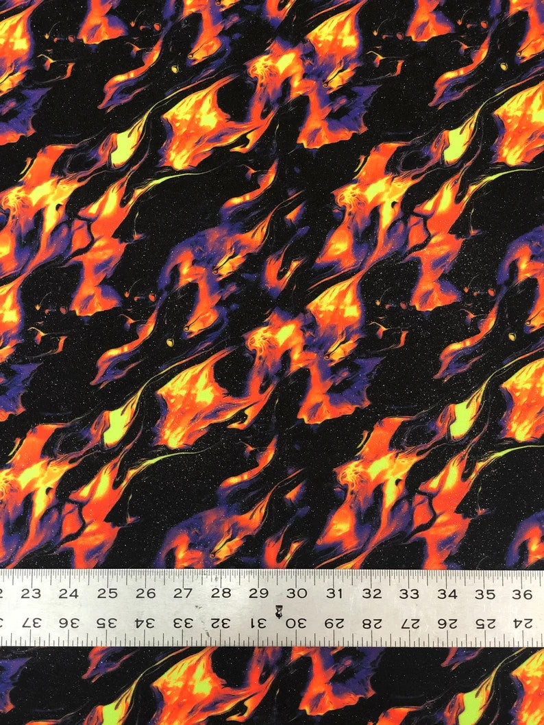 Nylon Spandex Fabric - Silver Glitters Fluorescent Flames Design, Green, Red, 58/60" Width