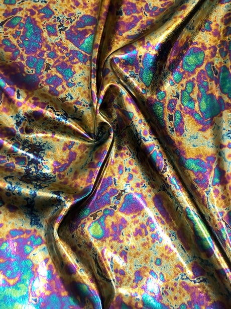 Oil Spill Design Heavy Nylon Spandex Fabric - Metallic Foil, 4-Way Stretch, 58"-60" Width