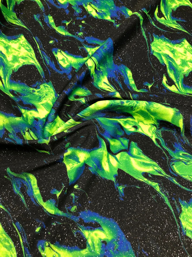 Nylon Spandex Fabric - Silver Glitters Fluorescent Flames Design, Green, Red, 58/60" Width