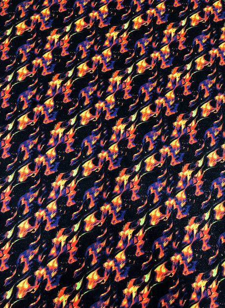 Nylon Spandex Fabric - Silver Glitters Fluorescent Flames Design, Green, Red, 58/60" Width
