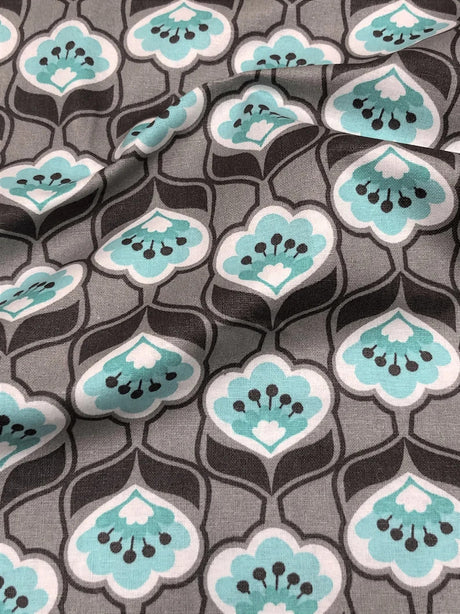 Cotton Floral Design Cotton Fabric - Brown, Light Grey, Aqua, White, 43" Width
