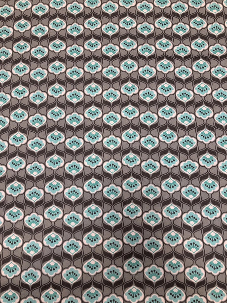 Cotton Floral Design Cotton Fabric - Brown, Light Grey, Aqua, White, 43" Width