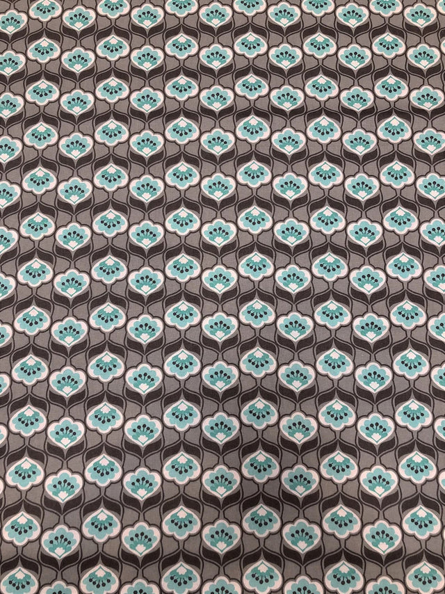 Cotton Floral Design Cotton Fabric - Brown, Light Grey, Aqua, White, 43" Width