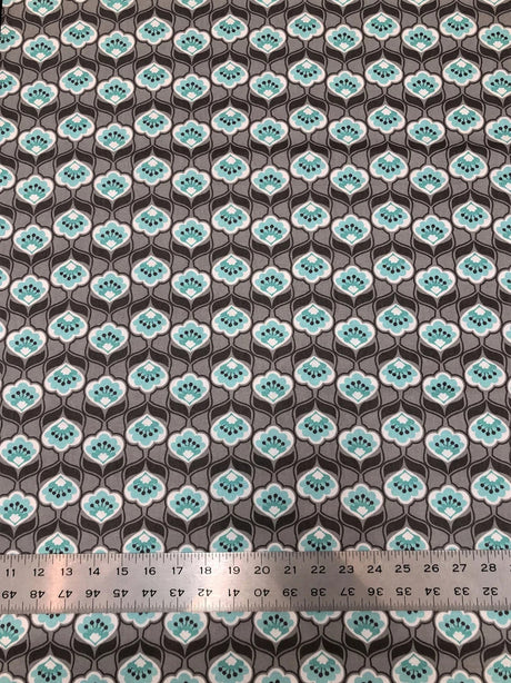 Cotton Floral Design Cotton Fabric - Brown, Light Grey, Aqua, White, 43" Width
