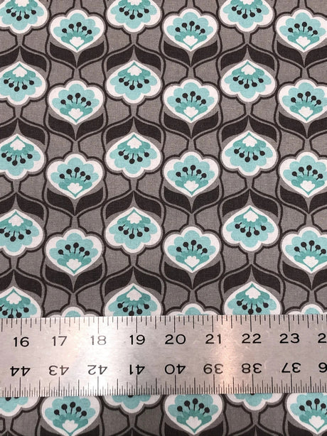 Cotton Floral Design Cotton Fabric - Brown, Light Grey, Aqua, White, 43" Width