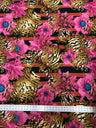 Polyester Spandex Bulgari Fabric - Big Floral & Stripe Design, Pink/Brown, Brown/Black, 58"-60" Width