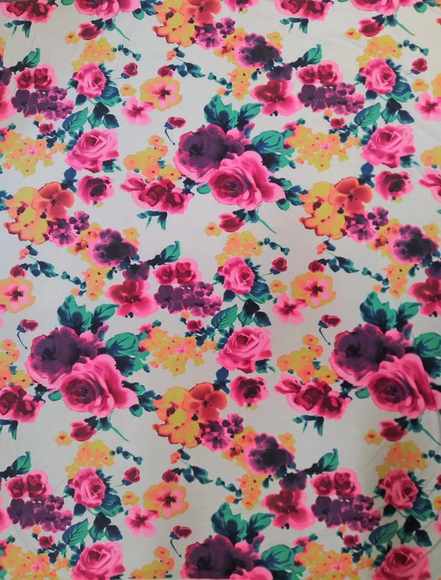 Polyester Spandex Fabric - Colorful Bright Flower Design, 58/60" Width
