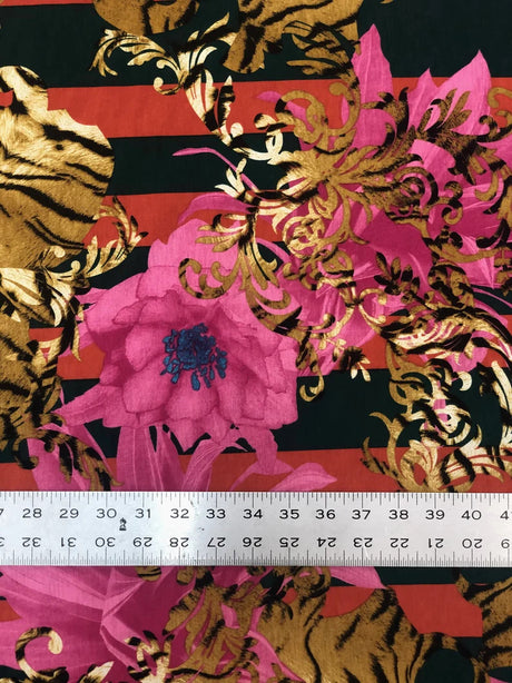 Polyester Spandex Bulgari Fabric - Big Floral & Stripe Design, Pink/Brown, Brown/Black, 58"-60" Width
