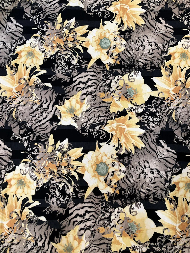 Polyester Spandex Bulgari Fabric - Big Floral & Stripe Design, Pink/Brown, Brown/Black, 58"-60" Width