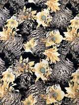 Polyester Spandex Bulgari Fabric - Big Floral & Stripe Design, Pink/Brown, Brown/Black, 58"-60" Width
