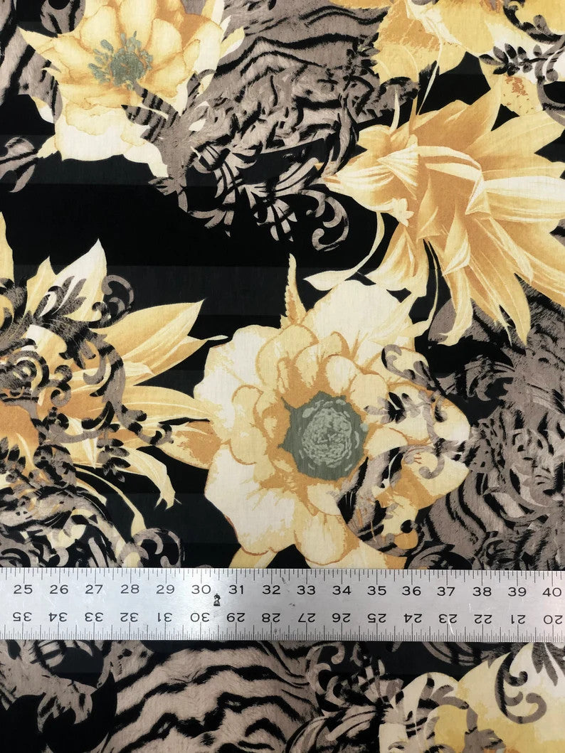 Polyester Spandex Bulgari Fabric - Big Floral & Stripe Design, Pink/Brown, Brown/Black, 58"-60" Width