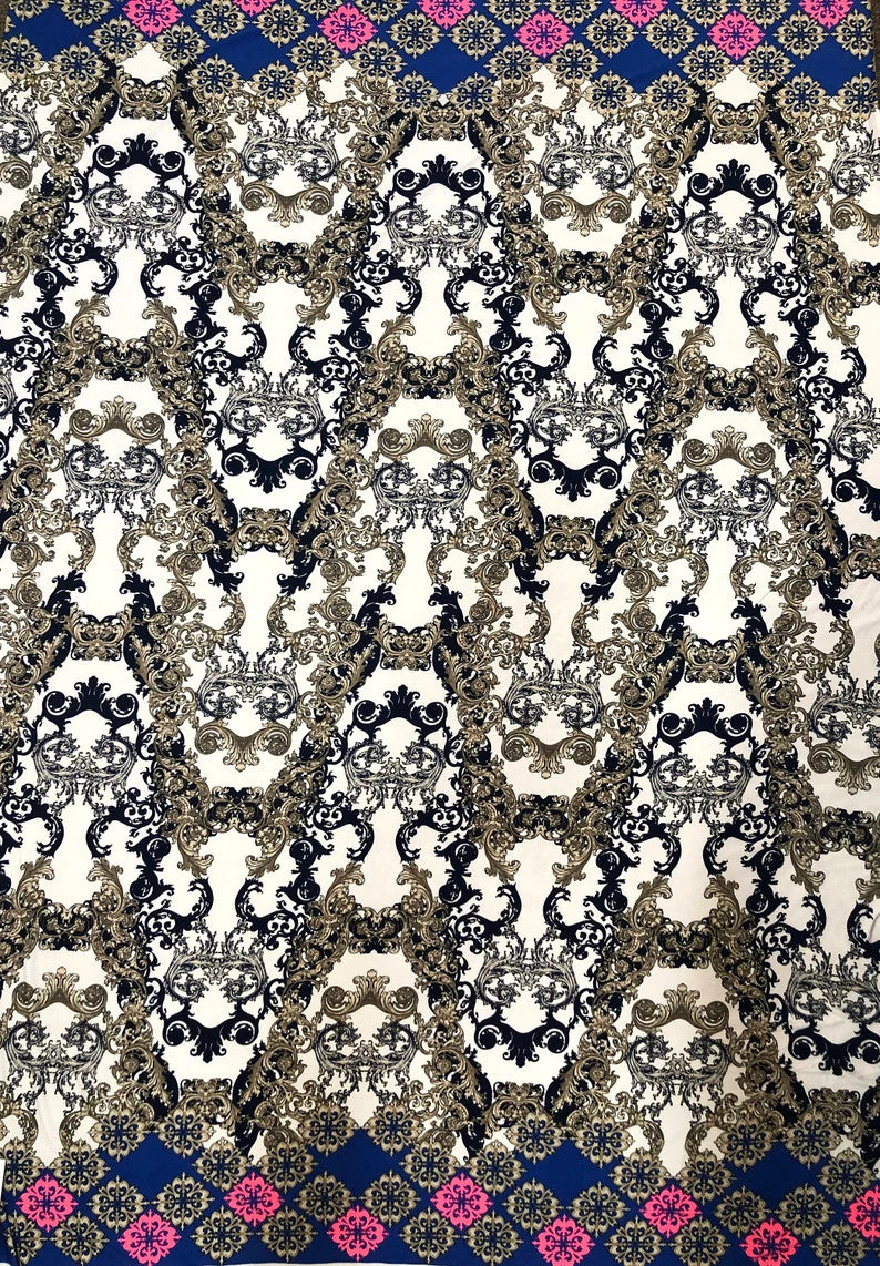 Polyester Venezia Polyester Spandex Fabric - Big Damask Double Side Border Design, Light Weight, 58"-60" Width