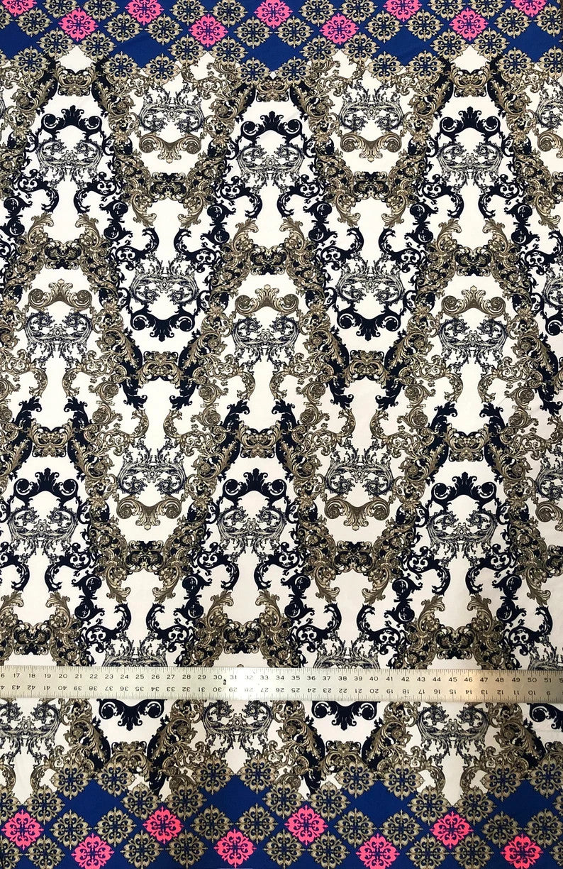 Polyester Venezia Polyester Spandex Fabric - Big Damask Double Side Border Design, Light Weight, 58"-60" Width