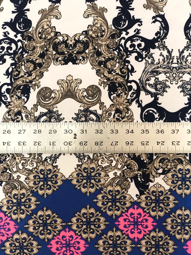 Polyester Venezia Polyester Spandex Fabric - Big Damask Double Side Border Design, Light Weight, 58"-60" Width