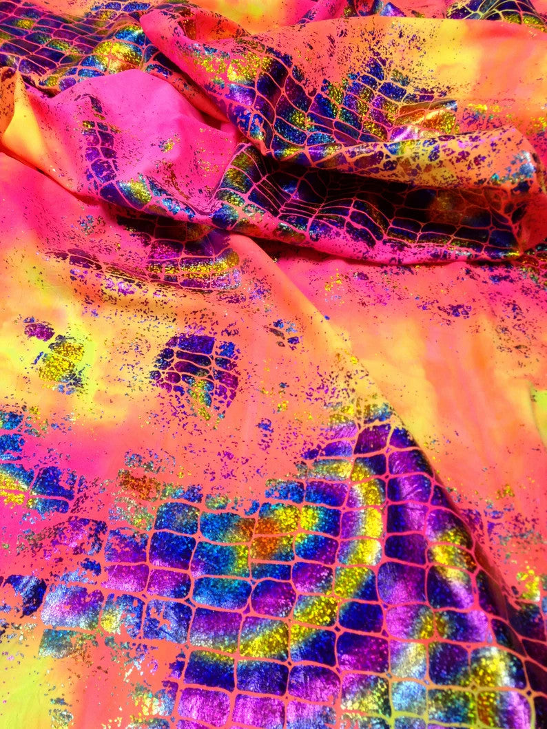 Holographic Shiny Foil Big Reptile Tie Dye Pattern Nylon Spandex Fabric - Green, Purple, Orange, 58"- 60" Wide