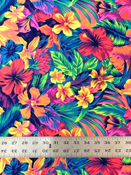 Restocked Nylon Spandex Fabric - Neon Tropical Floral Design, Rainbow Multi, Blue Green, Purple Blue, Orange Pink, 58" To 60" Width