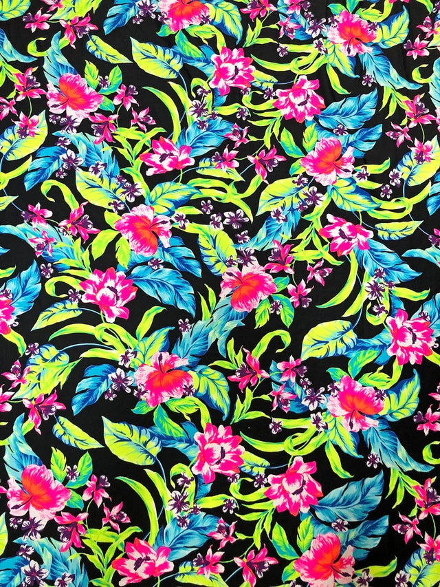 Nylon Spandex Fabric - Medium Weight, 4-Way Stretch, Big Neon Tropical Flowers Design, 58" To 60" Width