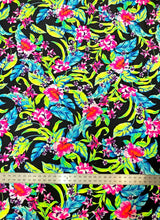 Nylon Spandex Fabric - Medium Weight, 4-Way Stretch, Big Neon Tropical Flowers Design, 58" To 60" Width