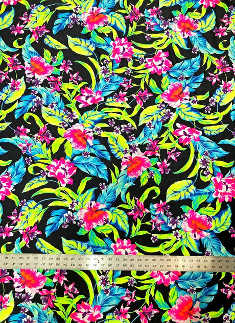 Nylon Spandex Fabric - Medium Weight, 4-Way Stretch, Big Neon Tropical Flowers Design, 58" To 60" Width