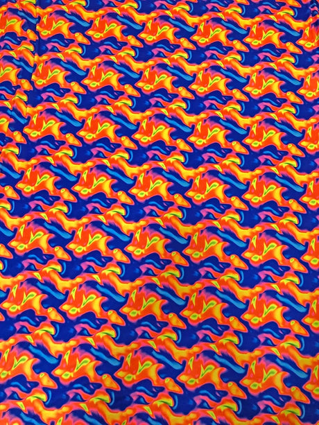 Neon Abstract Nylon Spandex Fabric - Neon Orange/Pink, Neon Orange/Blue, Abstract Print, 58" To 60" Width