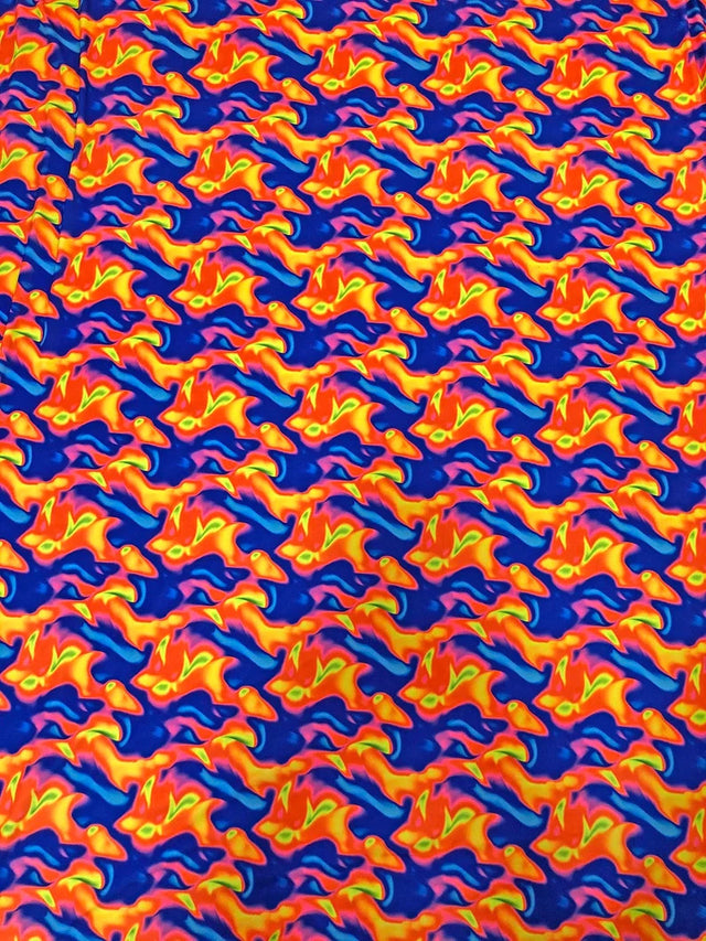 Neon Abstract Nylon Spandex Fabric - Neon Orange/Pink, Neon Orange/Blue, Abstract Print, 58" To 60" Width