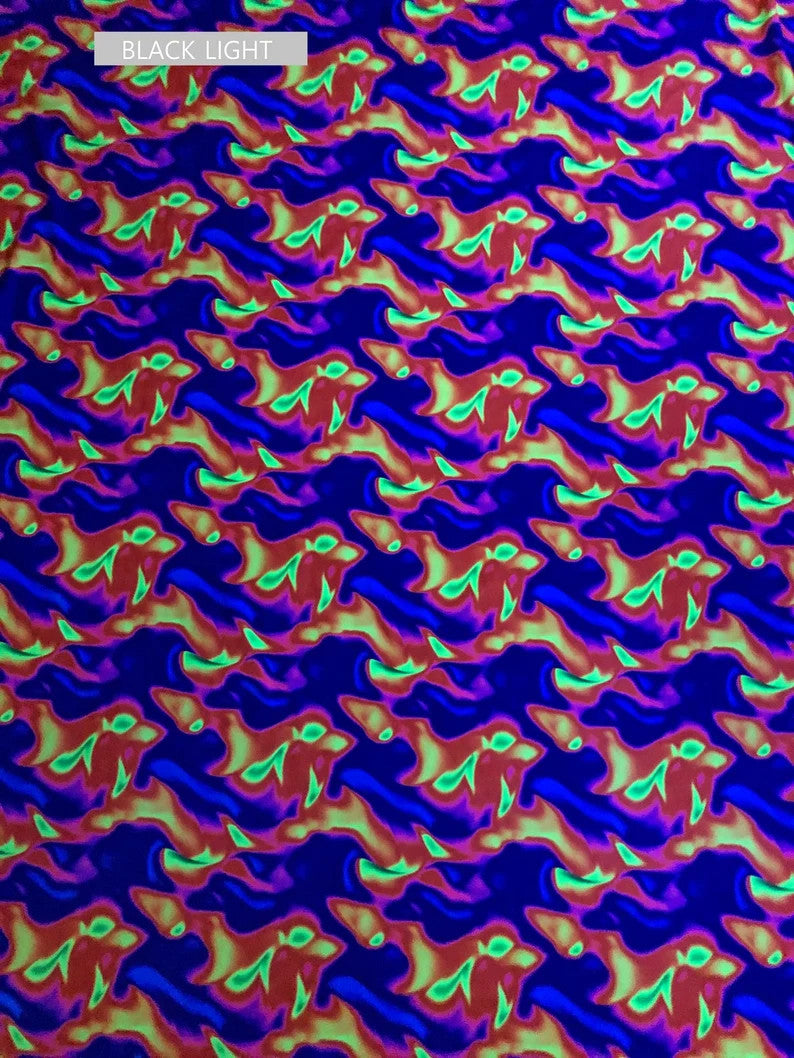 Neon Abstract Nylon Spandex Fabric - Neon Orange/Pink, Neon Orange/Blue, Abstract Print, 58" To 60" Width