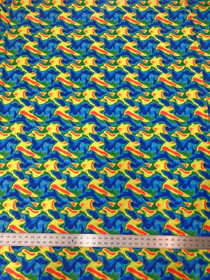 Neon Abstract Nylon Spandex Fabric - Neon Orange/Pink, Neon Orange/Blue, Abstract Print, 58" To 60" Width