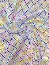 Nylon Spandex Fabric - Medium Weight, 4-Way Stretch, Small Geometric Shiny Foil, White, Black, 58" To 60" Width