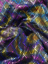 Nylon Spandex Fabric - Medium Weight, 4-Way Stretch, Small Geometric Shiny Foil, White, Black, 58" To 60" Width