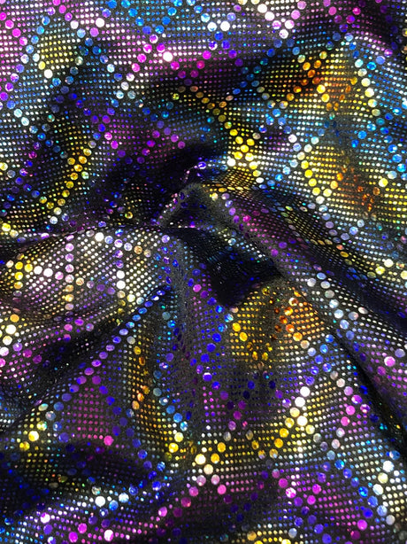 Nylon Spandex Fabric - Medium Weight, 4-Way Stretch, Small Geometric Shiny Foil, White, Black, 58" To 60" Width
