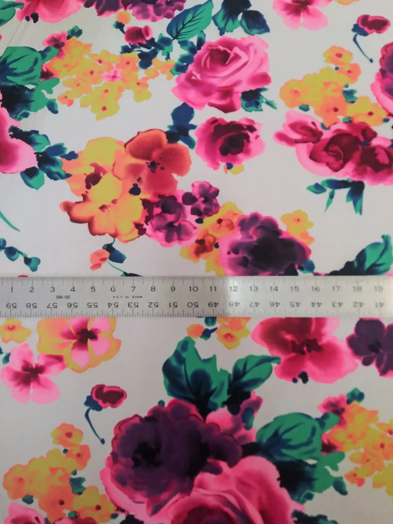 Polyester Spandex Fabric - Colorful Bright Flower Design, 58/60" Width