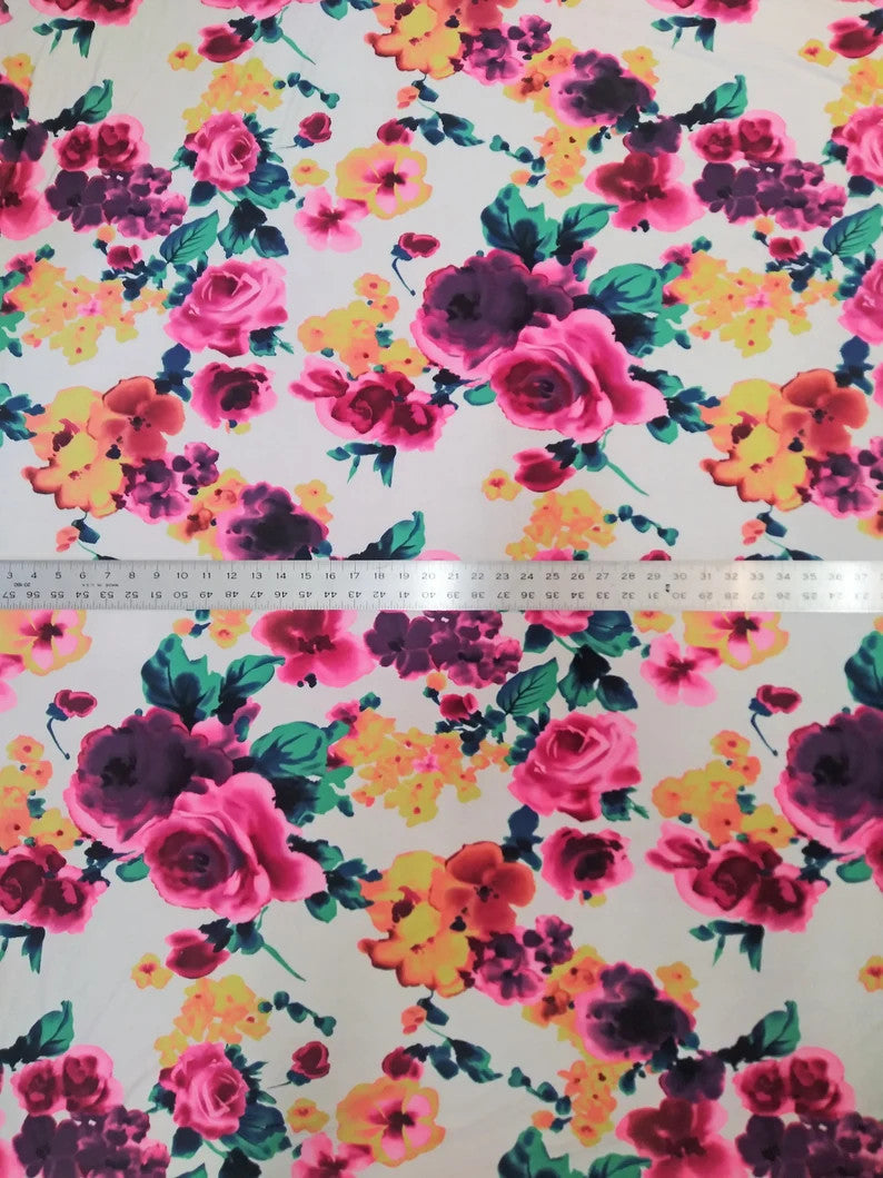 Polyester Spandex Fabric - Colorful Bright Flower Design, 58/60" Width