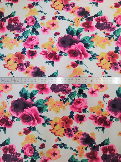 Polyester Spandex Fabric - Colorful Bright Flower Design, 58/60" Width