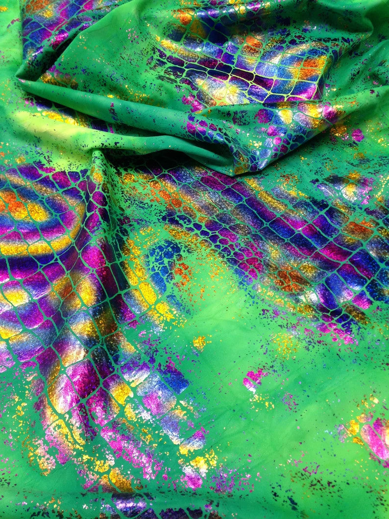 Holographic Shiny Foil Big Reptile Tie Dye Pattern Nylon Spandex Fabric - Green, Purple, Orange, 58"- 60" Wide