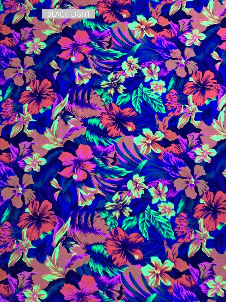 Restocked Nylon Spandex Fabric - Neon Tropical Floral Design, Rainbow Multi, Blue Green, Purple Blue, Orange Pink, 58" To 60" Width