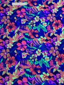 Restocked Nylon Spandex Fabric - Neon Tropical Floral Design, Rainbow Multi, Blue Green, Purple Blue, Orange Pink, 58" To 60" Width