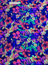Restocked Nylon Spandex Fabric - Neon Tropical Floral Design, Rainbow Multi, Blue Green, Purple Blue, Orange Pink, 58" To 60" Width