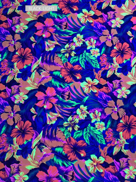 Restocked Nylon Spandex Fabric - Neon Tropical Floral Design, Rainbow Multi, Blue Green, Purple Blue, Orange Pink, 58" To 60" Width