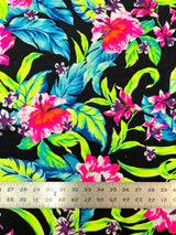 Nylon Spandex Fabric - Medium Weight, 4-Way Stretch, Big Neon Tropical Flowers Design, 58" To 60" Width