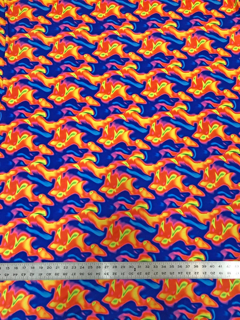 Neon Abstract Nylon Spandex Fabric - Neon Orange/Pink, Neon Orange/Blue, Abstract Print, 58" To 60" Width