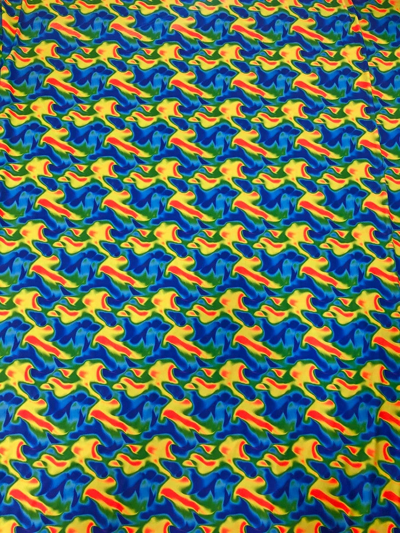Neon Abstract Nylon Spandex Fabric - Neon Orange/Pink, Neon Orange/Blue, Abstract Print, 58" To 60" Width