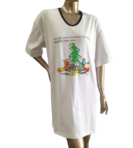 X-Mas Tree Animated Sleepshirt Cotton Fabric - Holiday Graphic, Matte Studs, Side Slits, 36" Length