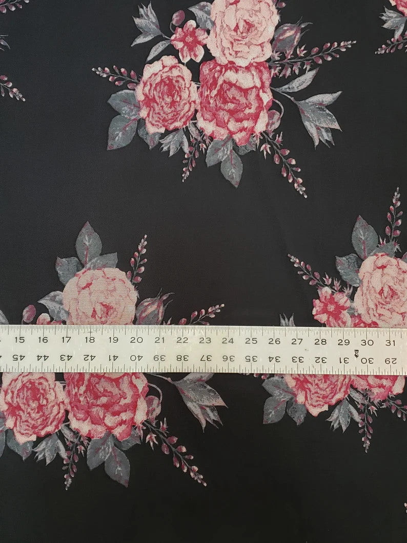Polyester Spandex Mesh Fabric - See Through Big Flower Print, 58-60" Width