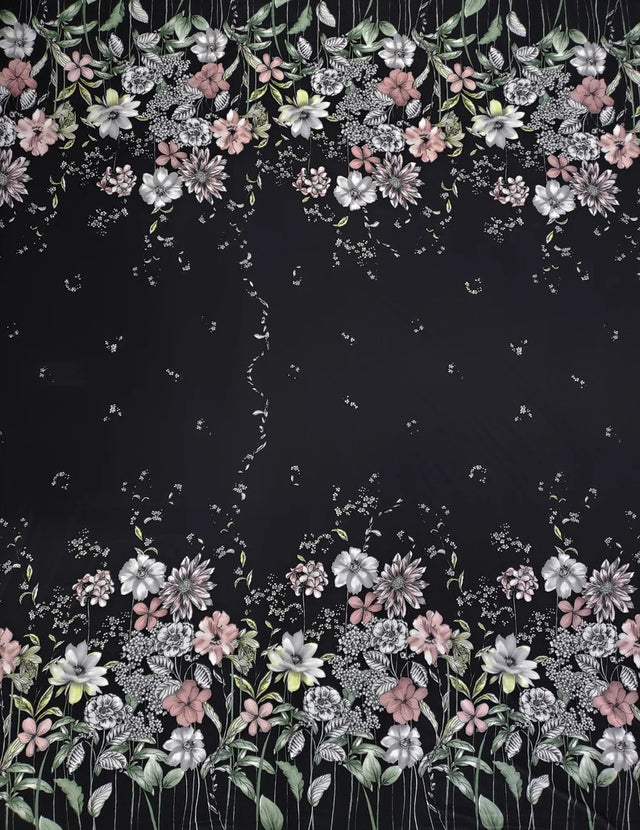 Polyester Spandex Fabric - Border Floral Print, Light Weight, 58"-60" Width